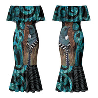 New Zealand Tui Bird Wahaika Couples Matching Mermaid Dress and Hawaiian Shirt Maori Weapon Paua Shell Koru Pattern