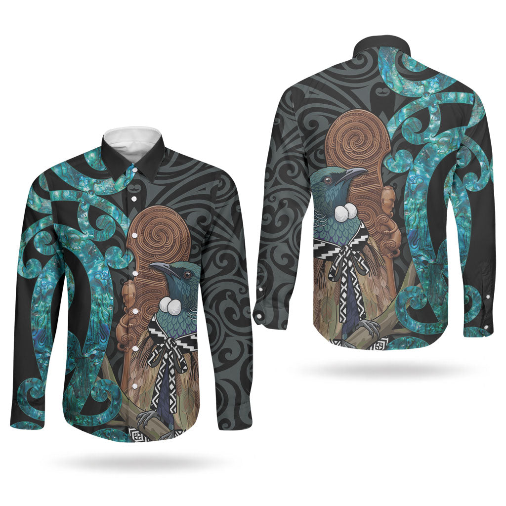 New Zealand Tui Bird Wahaika Couples Matching Off Shoulder Maxi Dress and Long Sleeve Button Shirt Maori Weapon Paua Shell Koru Pattern