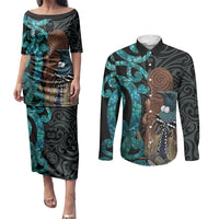 New Zealand Tui Bird Wahaika Couples Matching Puletasi and Long Sleeve Button Shirt Maori Weapon Paua Shell Koru Pattern