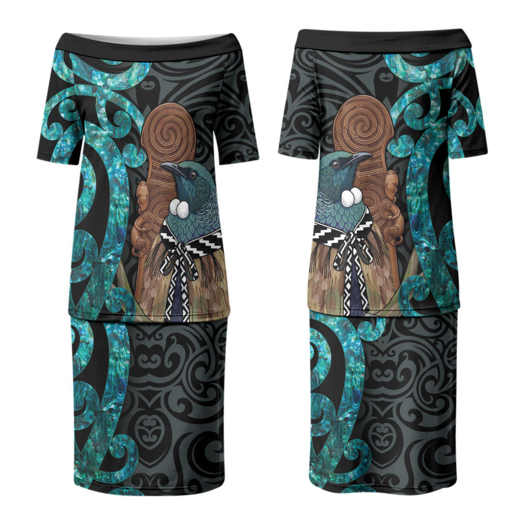 New Zealand Tui Bird Wahaika Couples Matching Puletasi and Long Sleeve Button Shirt Maori Weapon Paua Shell Koru Pattern