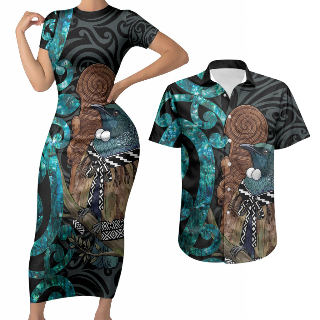 New Zealand Tui Bird Wahaika Couples Matching Short Sleeve Bodycon Dress and Hawaiian Shirt Maori Weapon Paua Shell Koru Pattern