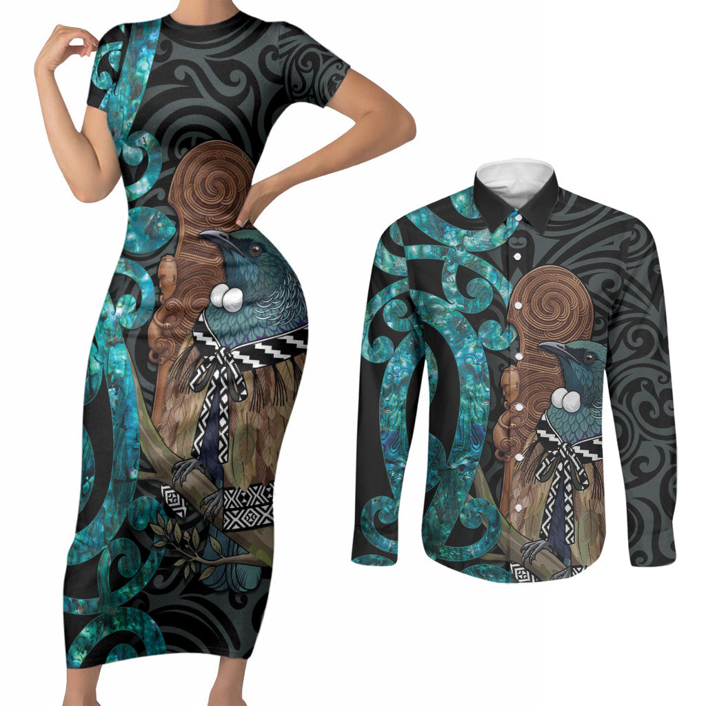 New Zealand Tui Bird Wahaika Couples Matching Short Sleeve Bodycon Dress and Long Sleeve Button Shirt Maori Weapon Paua Shell Koru Pattern