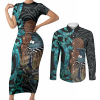 New Zealand Tui Bird Wahaika Couples Matching Short Sleeve Bodycon Dress and Long Sleeve Button Shirt Maori Weapon Paua Shell Koru Pattern