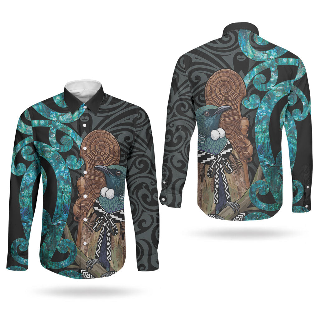 New Zealand Tui Bird Wahaika Couples Matching Summer Maxi Dress and Long Sleeve Button Shirt Maori Weapon Paua Shell Koru Pattern