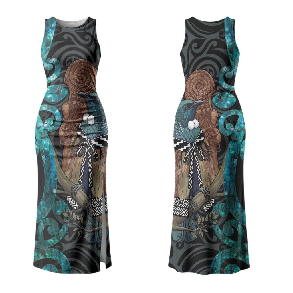 New Zealand Tui Bird Wahaika Couples Matching Tank Maxi Dress and Long Sleeve Button Shirt Maori Weapon Paua Shell Koru Pattern