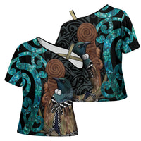 New Zealand Tui Bird Wahaika Cross Shoulder Shirt Maori Weapon Paua Shell Koru Pattern