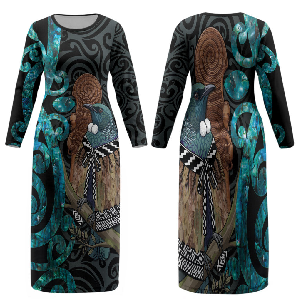 New Zealand Tui Bird Wahaika Family Matching Long Sleeve Bodycon Dress and Hawaiian Shirt Maori Weapon Paua Shell Koru Pattern