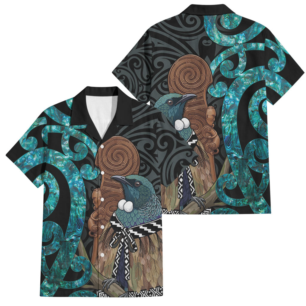 New Zealand Tui Bird Wahaika Family Matching Off The Shoulder Long Sleeve Dress and Hawaiian Shirt Maori Weapon Paua Shell Koru Pattern