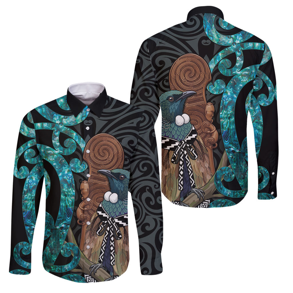 New Zealand Tui Bird Wahaika Family Matching Off The Shoulder Long Sleeve Dress and Hawaiian Shirt Maori Weapon Paua Shell Koru Pattern