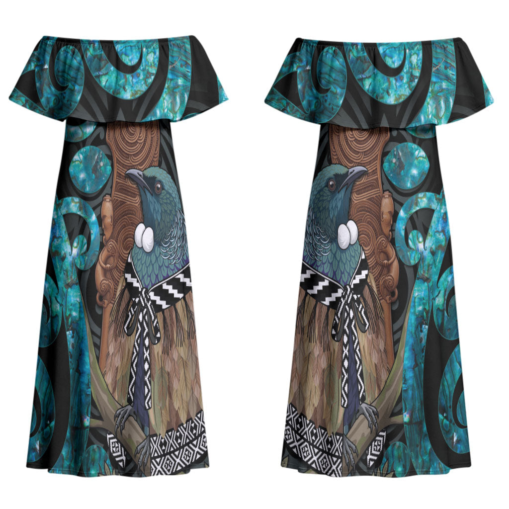 New Zealand Tui Bird Wahaika Family Matching Off Shoulder Maxi Dress and Hawaiian Shirt Maori Weapon Paua Shell Koru Pattern