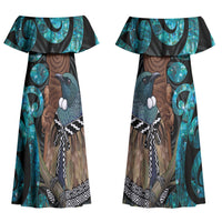 New Zealand Tui Bird Wahaika Family Matching Off Shoulder Maxi Dress and Hawaiian Shirt Maori Weapon Paua Shell Koru Pattern