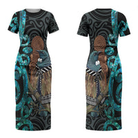 New Zealand Tui Bird Wahaika Family Matching Short Sleeve Bodycon Dress and Hawaiian Shirt Maori Weapon Paua Shell Koru Pattern