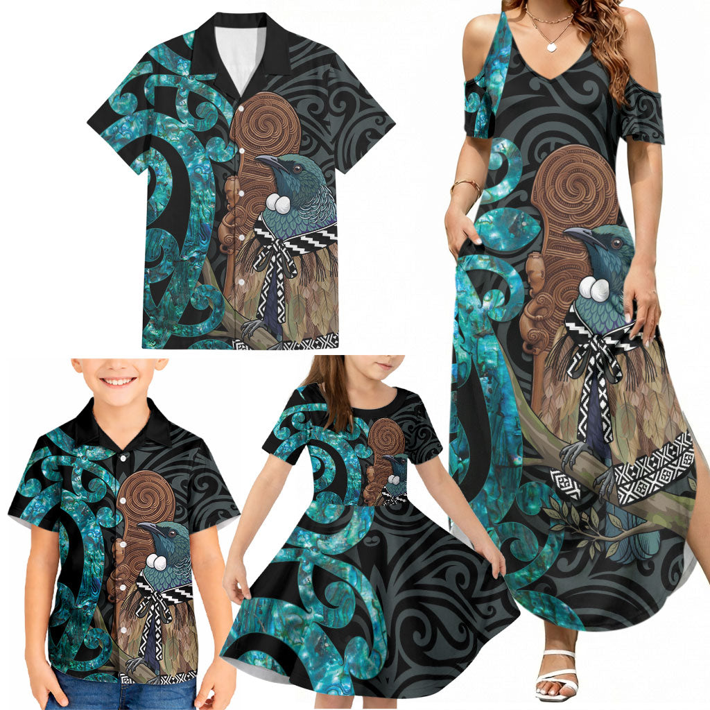 New Zealand Tui Bird Wahaika Family Matching Summer Maxi Dress and Hawaiian Shirt Maori Weapon Paua Shell Koru Pattern