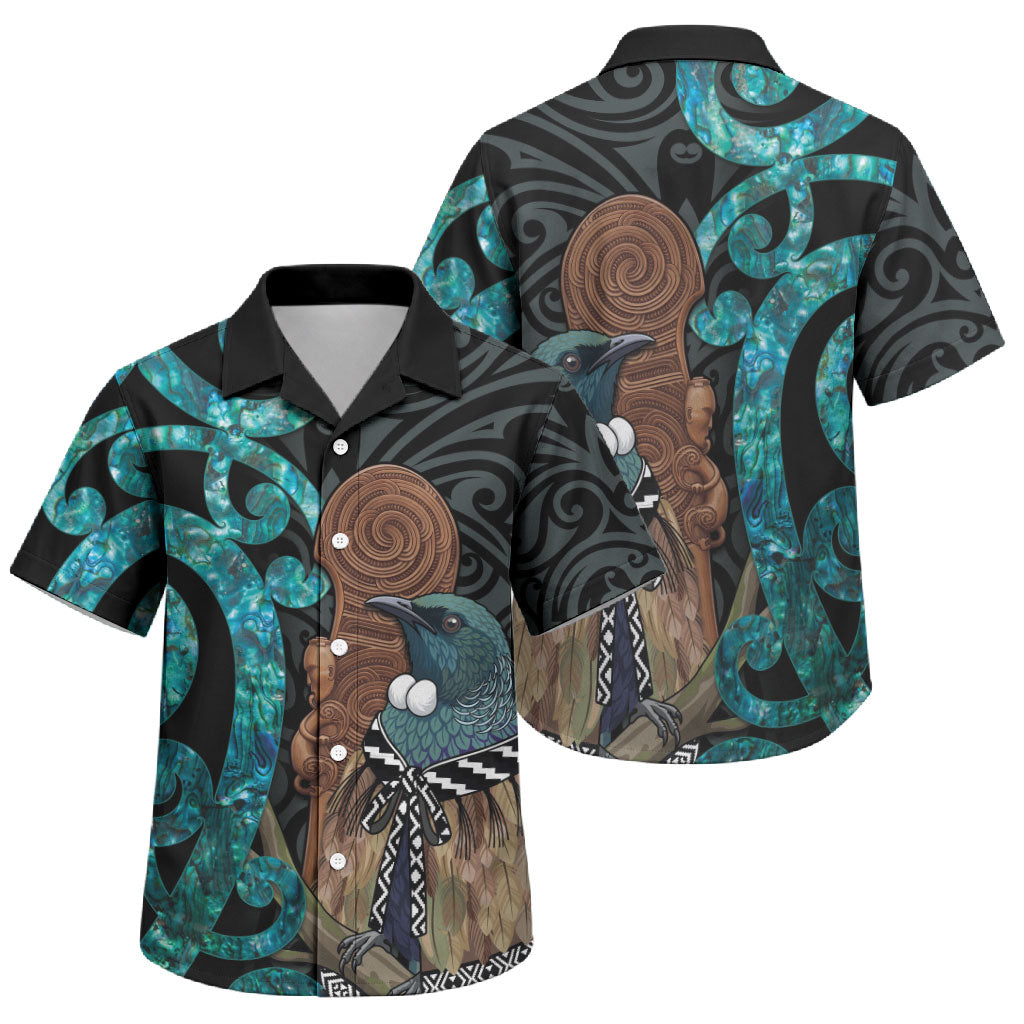 New Zealand Tui Bird Wahaika Family Matching Summer Maxi Dress and Hawaiian Shirt Maori Weapon Paua Shell Koru Pattern