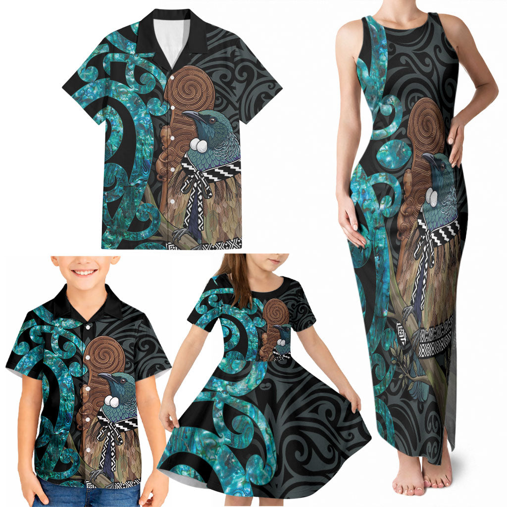 New Zealand Tui Bird Wahaika Family Matching Tank Maxi Dress and Hawaiian Shirt Maori Weapon Paua Shell Koru Pattern