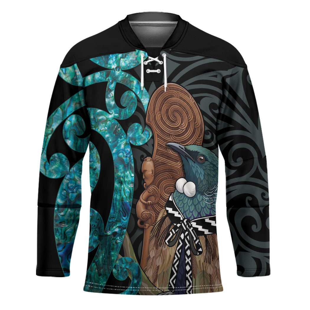 New Zealand Tui Bird Wahaika Hockey Jersey Maori Weapon Paua Shell Koru Pattern