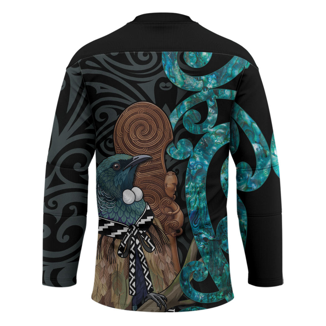 New Zealand Tui Bird Wahaika Hockey Jersey Maori Weapon Paua Shell Koru Pattern