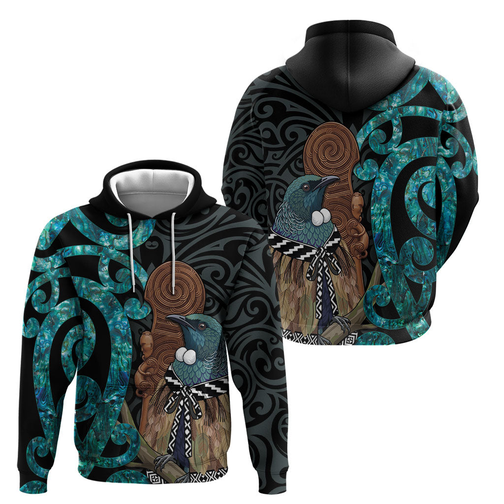 New Zealand Tui Bird Wahaika Hoodie Maori Weapon Paua Shell Koru Pattern