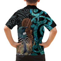 New Zealand Tui Bird Wahaika Kid Hawaiian Shirt Maori Weapon Paua Shell Koru Pattern