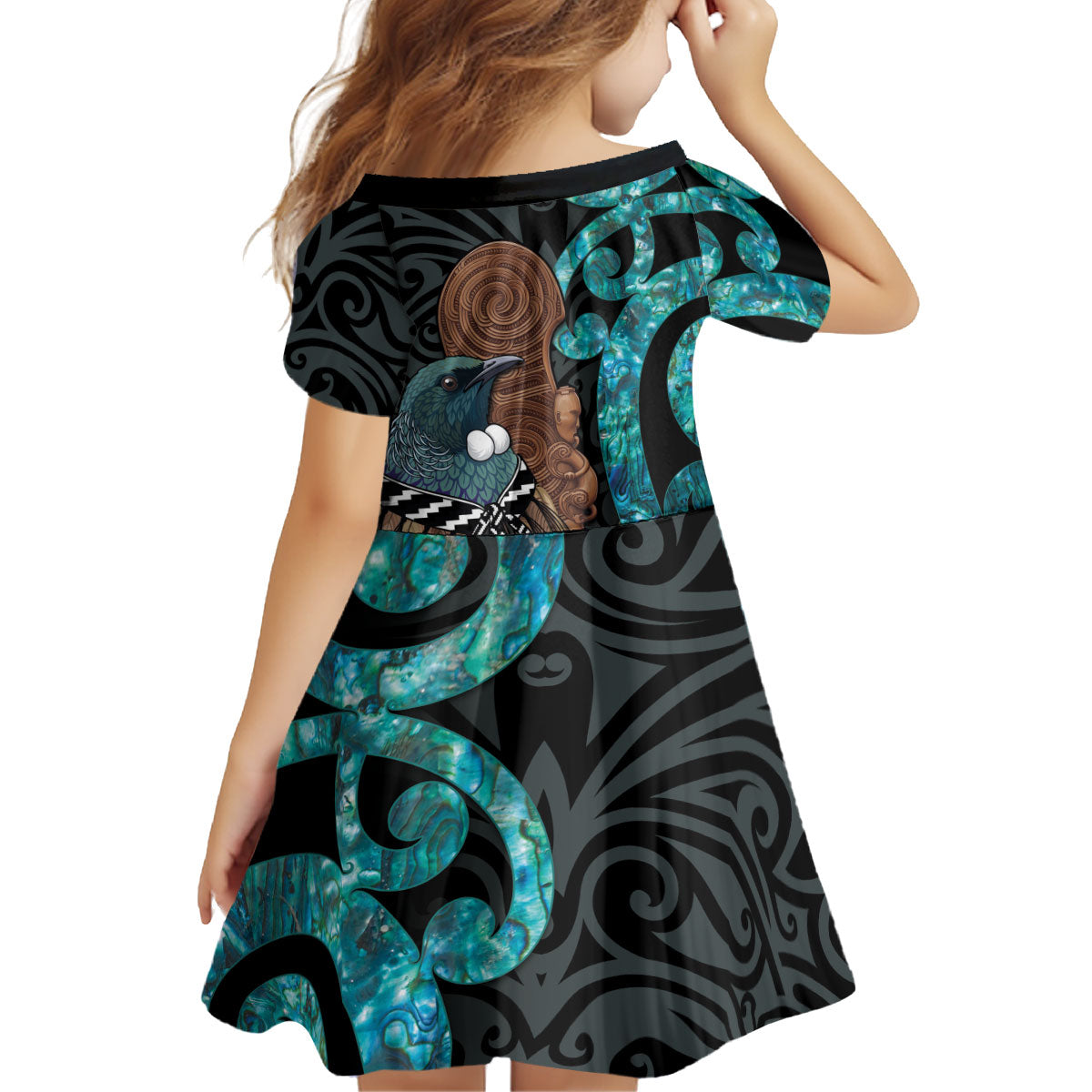 New Zealand Tui Bird Wahaika Kid Short Sleeve Dress Maori Weapon Paua Shell Koru Pattern