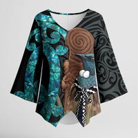 New Zealand Tui Bird Wahaika Kimono Sleeve Blouse Maori Weapon Paua Shell Koru Pattern