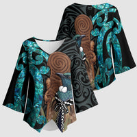 New Zealand Tui Bird Wahaika Kimono Sleeve Blouse Maori Weapon Paua Shell Koru Pattern