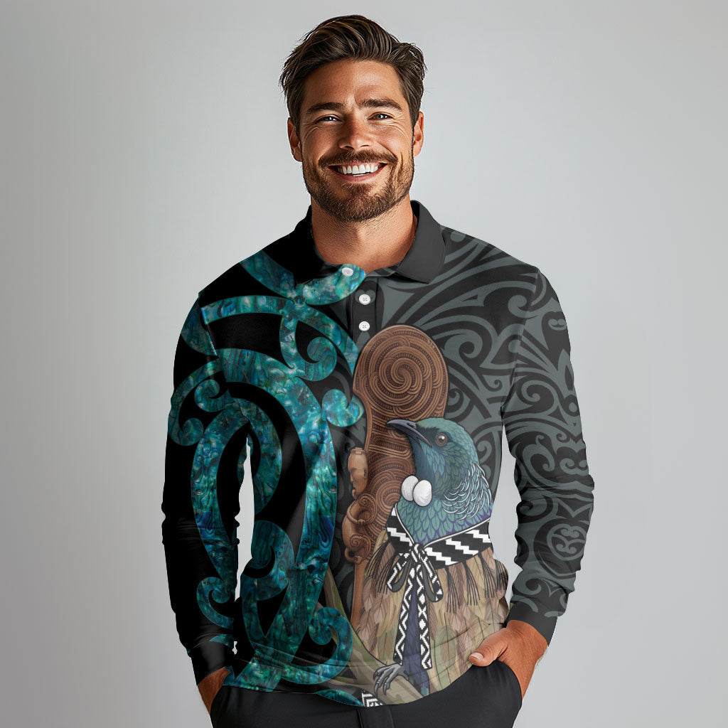 New Zealand Tui Bird Wahaika Long Sleeve Polo Shirt Maori Weapon Paua Shell Koru Pattern