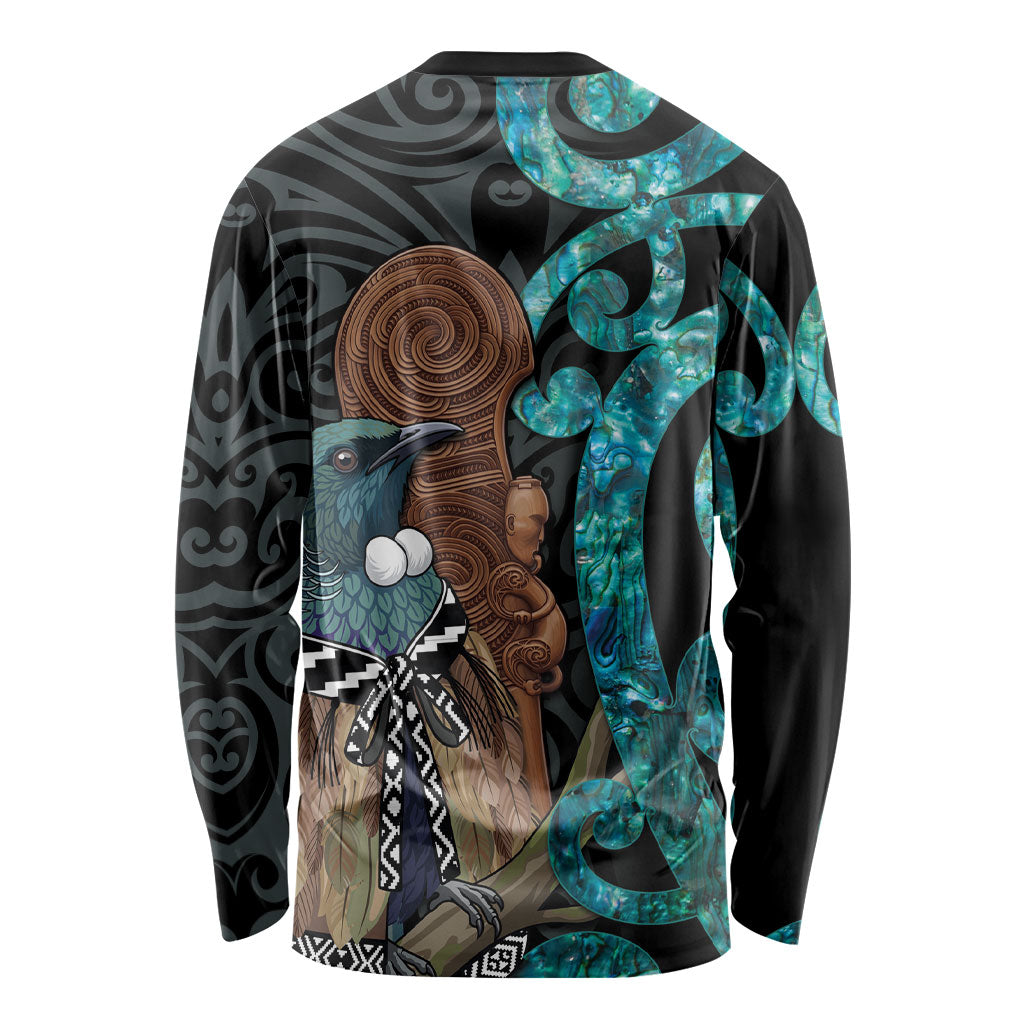 New Zealand Tui Bird Wahaika Long Sleeve Shirt Maori Weapon Paua Shell Koru Pattern