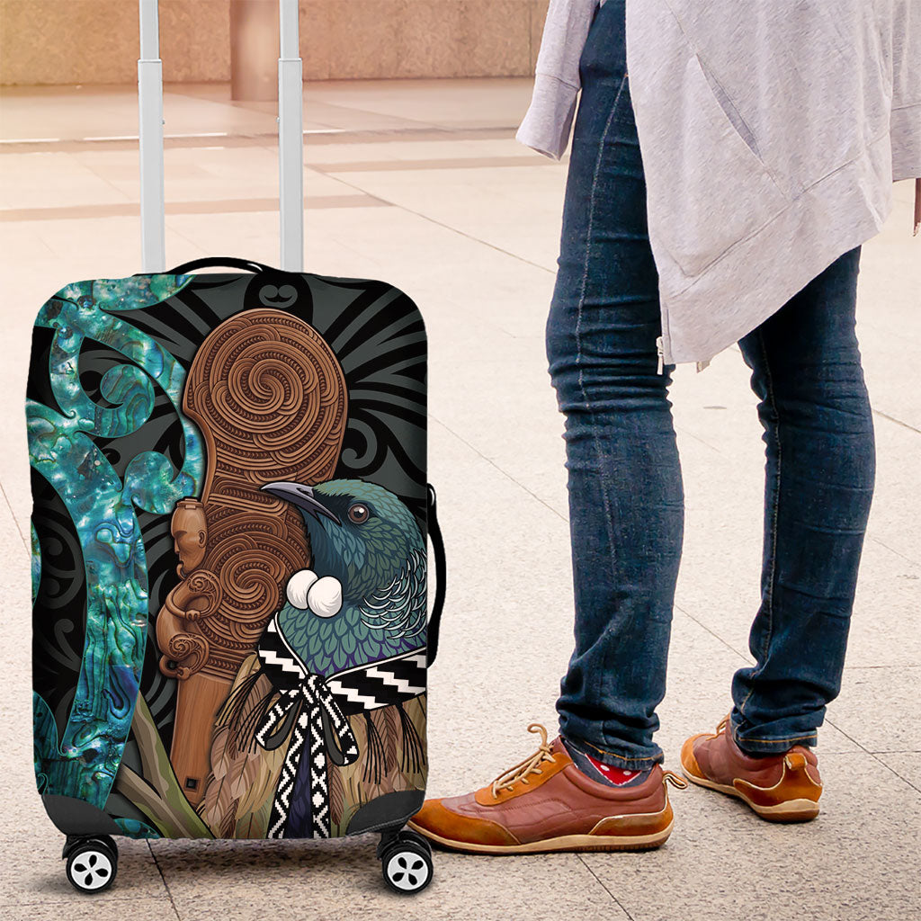 New Zealand Tui Bird Wahaika Luggage Cover Maori Weapon Paua Shell Koru Pattern