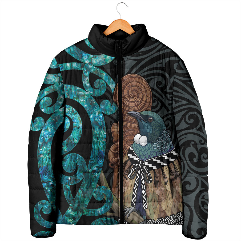 New Zealand Tui Bird Wahaika Padded Jacket Maori Weapon Paua Shell Koru Pattern