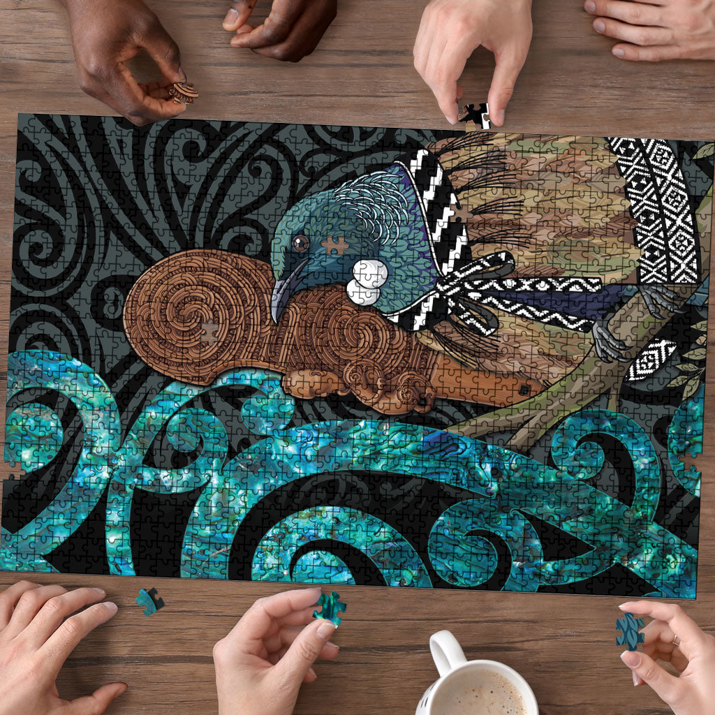 New Zealand Tui Bird Wahaika Puzzle Maori Weapon Paua Shell Koru Pattern