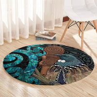 New Zealand Tui Bird Wahaika Round Carpet Maori Weapon Paua Shell Koru Pattern