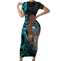 New Zealand Tui Bird Wahaika Short Sleeve Bodycon Dress Maori Weapon Paua Shell Koru Pattern