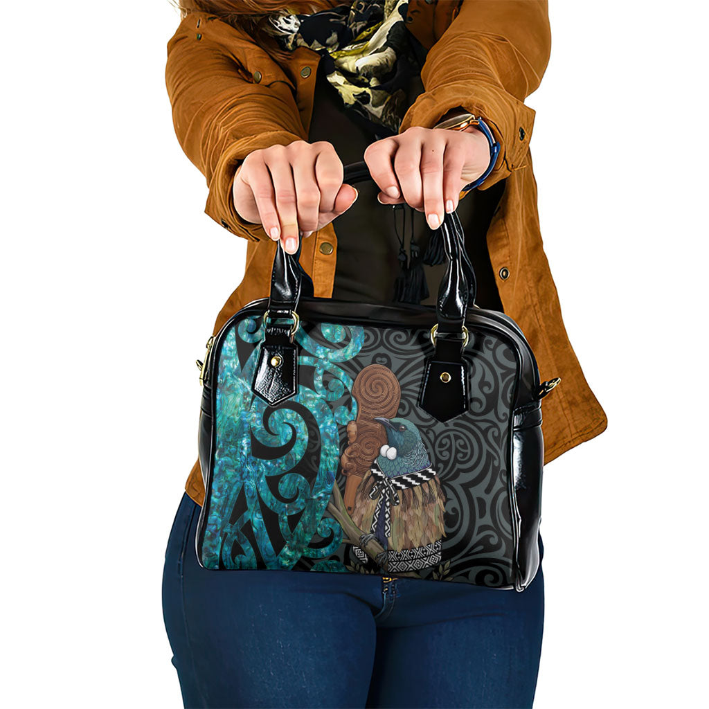 New Zealand Tui Bird Wahaika Shoulder Handbag Maori Weapon Paua Shell Koru Pattern