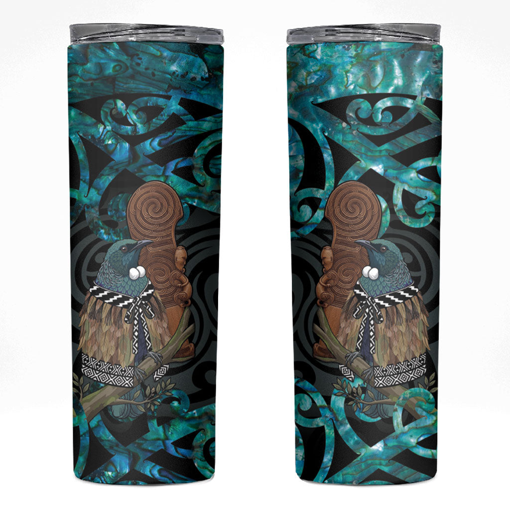 New Zealand Tui Bird Wahaika Skinny Tumbler Maori Weapon Paua Shell Koru Pattern