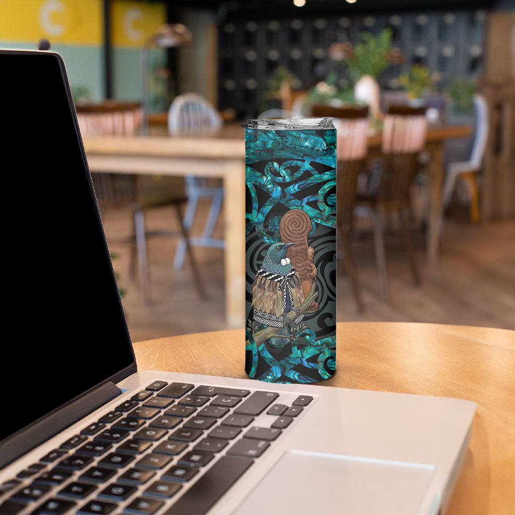 New Zealand Tui Bird Wahaika Skinny Tumbler Maori Weapon Paua Shell Koru Pattern