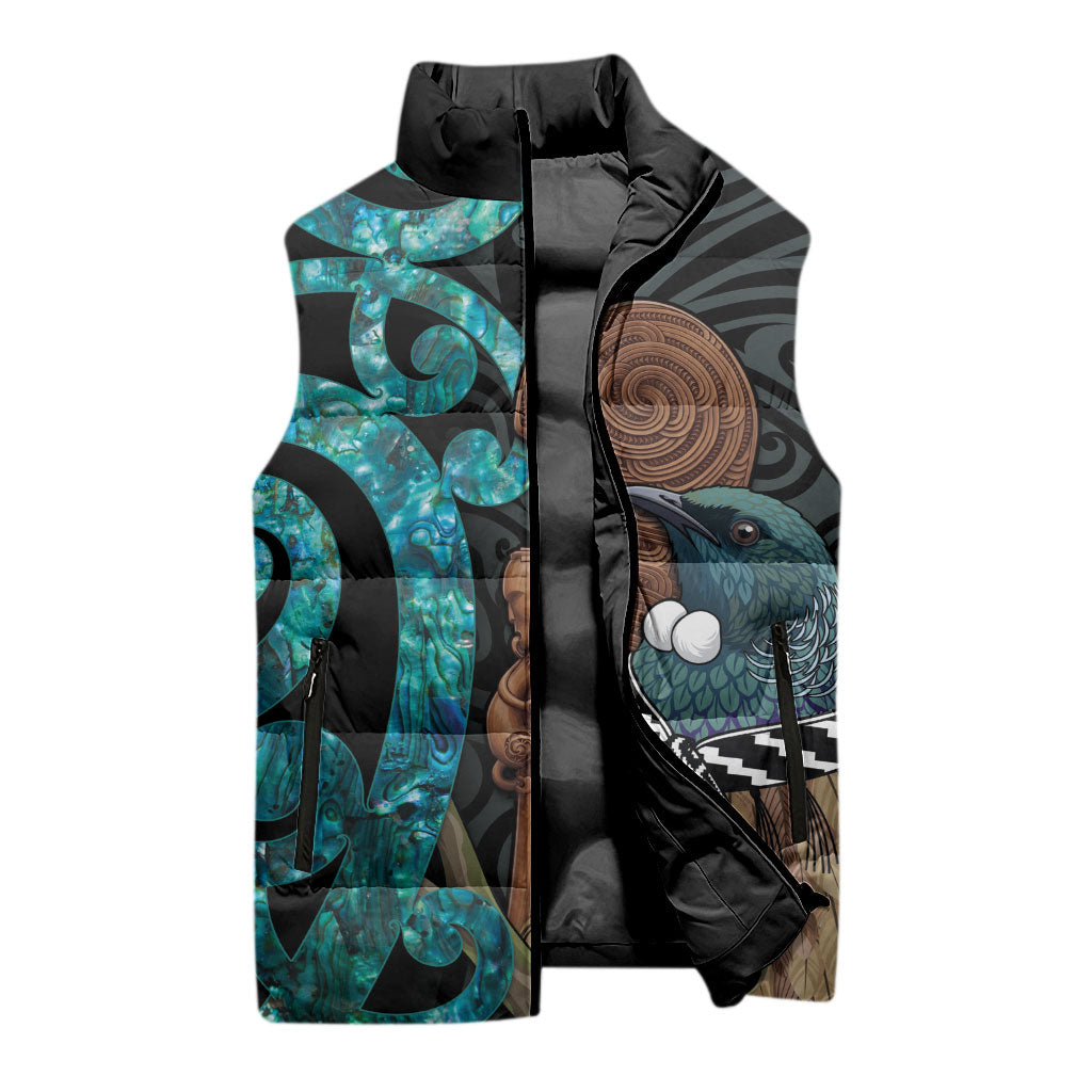 New Zealand Tui Bird Wahaika Sleeveless Puffer Jacket Maori Weapon Paua Shell Koru Pattern