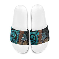 New Zealand Tui Bird Wahaika Slide Sandals Maori Weapon Paua Shell Koru Pattern