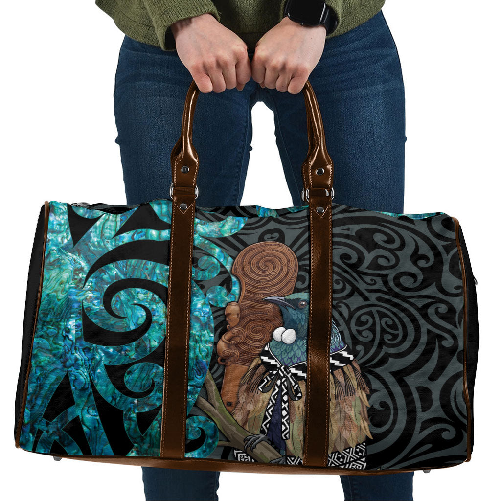 New Zealand Tui Bird Wahaika Travel Bag Maori Weapon Paua Shell Koru Pattern LT22 Black - Polynesian Pride