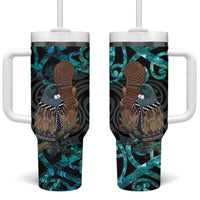 New Zealand Tui Bird Wahaika Tumbler With Handle Maori Weapon Paua Shell Koru Pattern