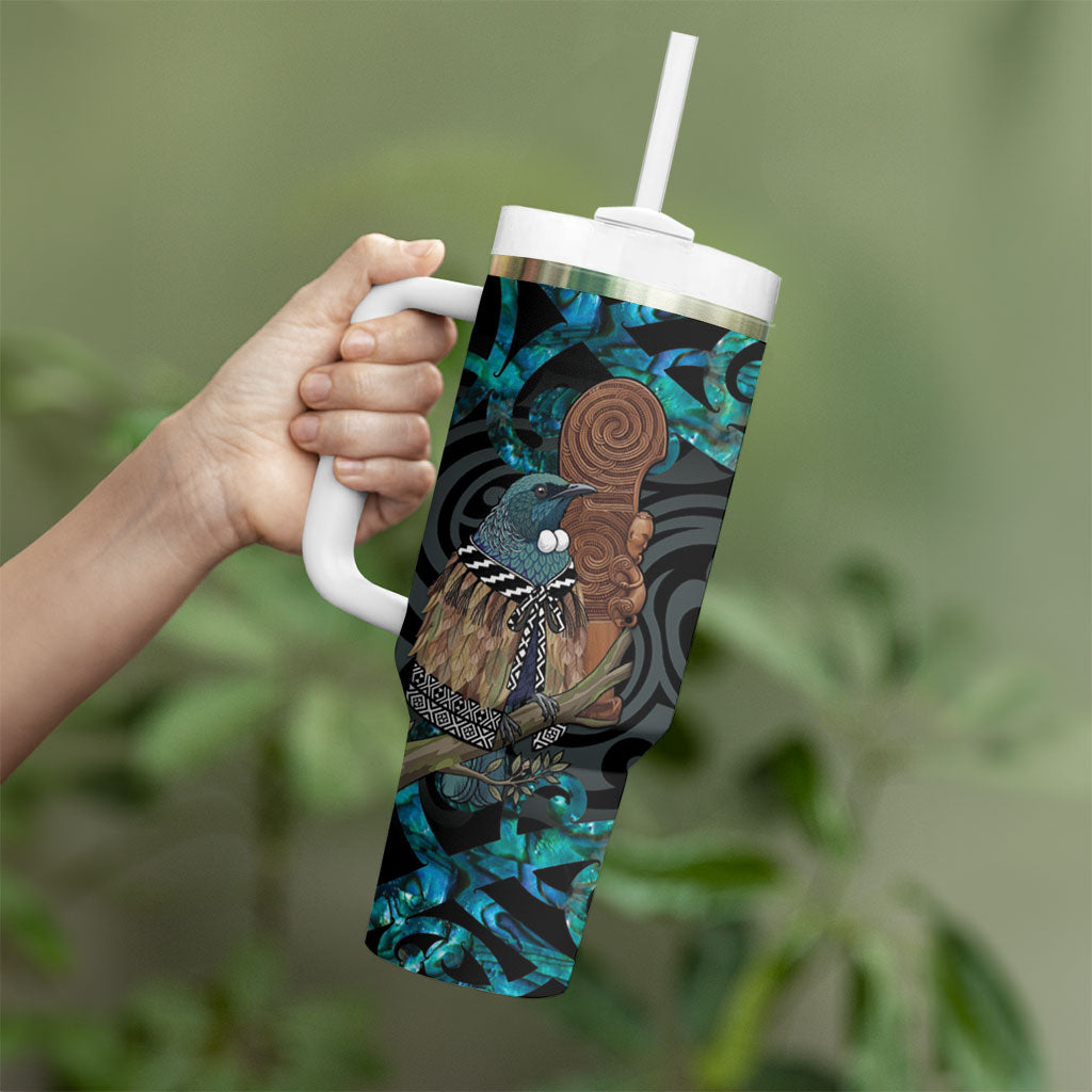 New Zealand Tui Bird Wahaika Tumbler With Handle Maori Weapon Paua Shell Koru Pattern