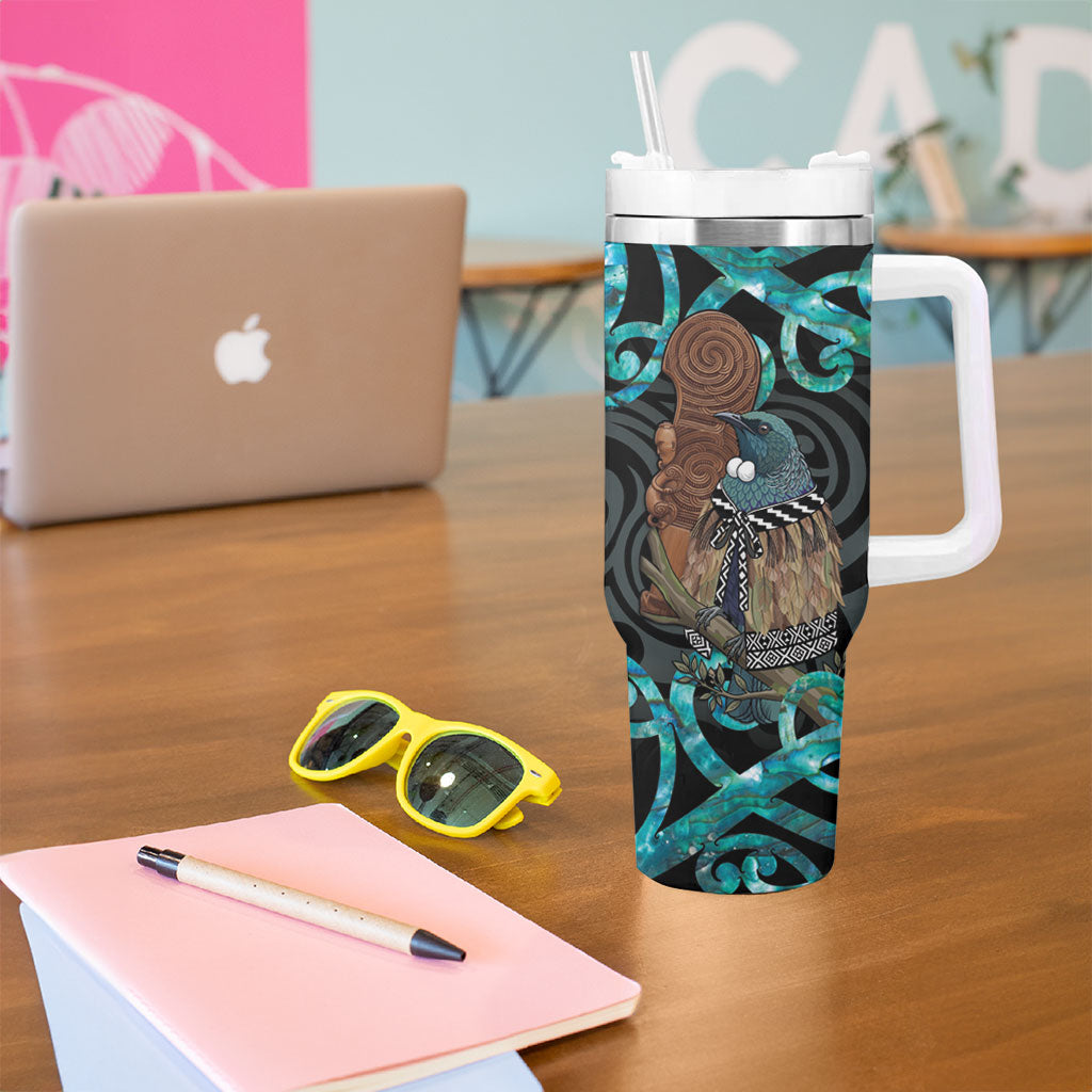 New Zealand Tui Bird Wahaika Tumbler With Handle Maori Weapon Paua Shell Koru Pattern