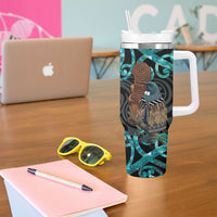 New Zealand Tui Bird Wahaika Tumbler With Handle Maori Weapon Paua Shell Koru Pattern
