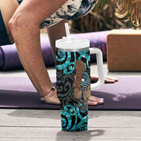 New Zealand Tui Bird Wahaika Tumbler With Handle Maori Weapon Paua Shell Koru Pattern
