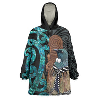 New Zealand Tui Bird Wahaika Wearable Blanket Hoodie Maori Weapon Paua Shell Koru Pattern