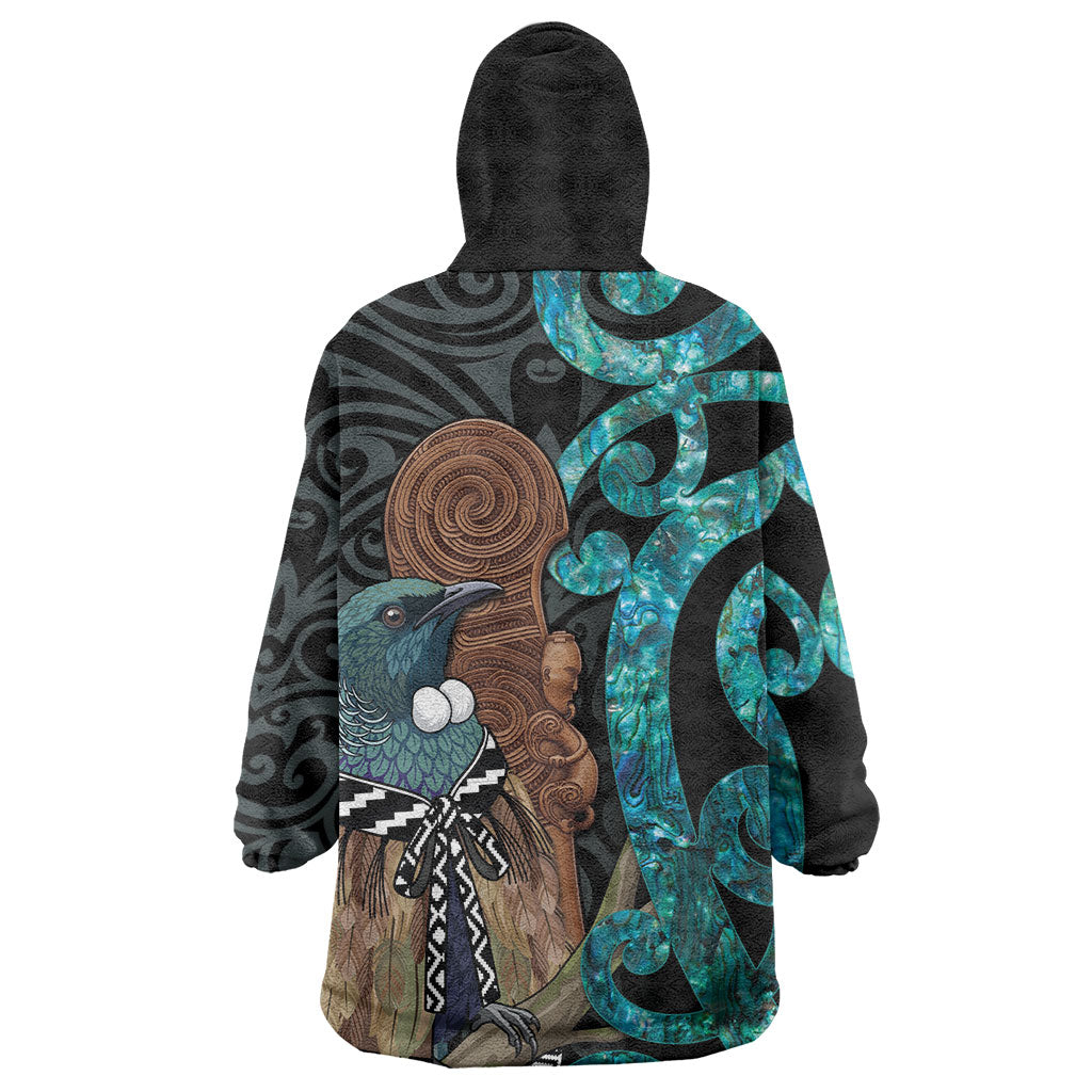 New Zealand Tui Bird Wahaika Wearable Blanket Hoodie Maori Weapon Paua Shell Koru Pattern