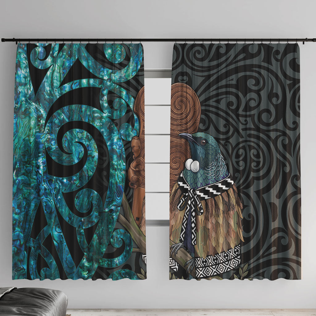 New Zealand Tui Bird Wahaika Window Curtain Maori Weapon Paua Shell Koru Pattern
