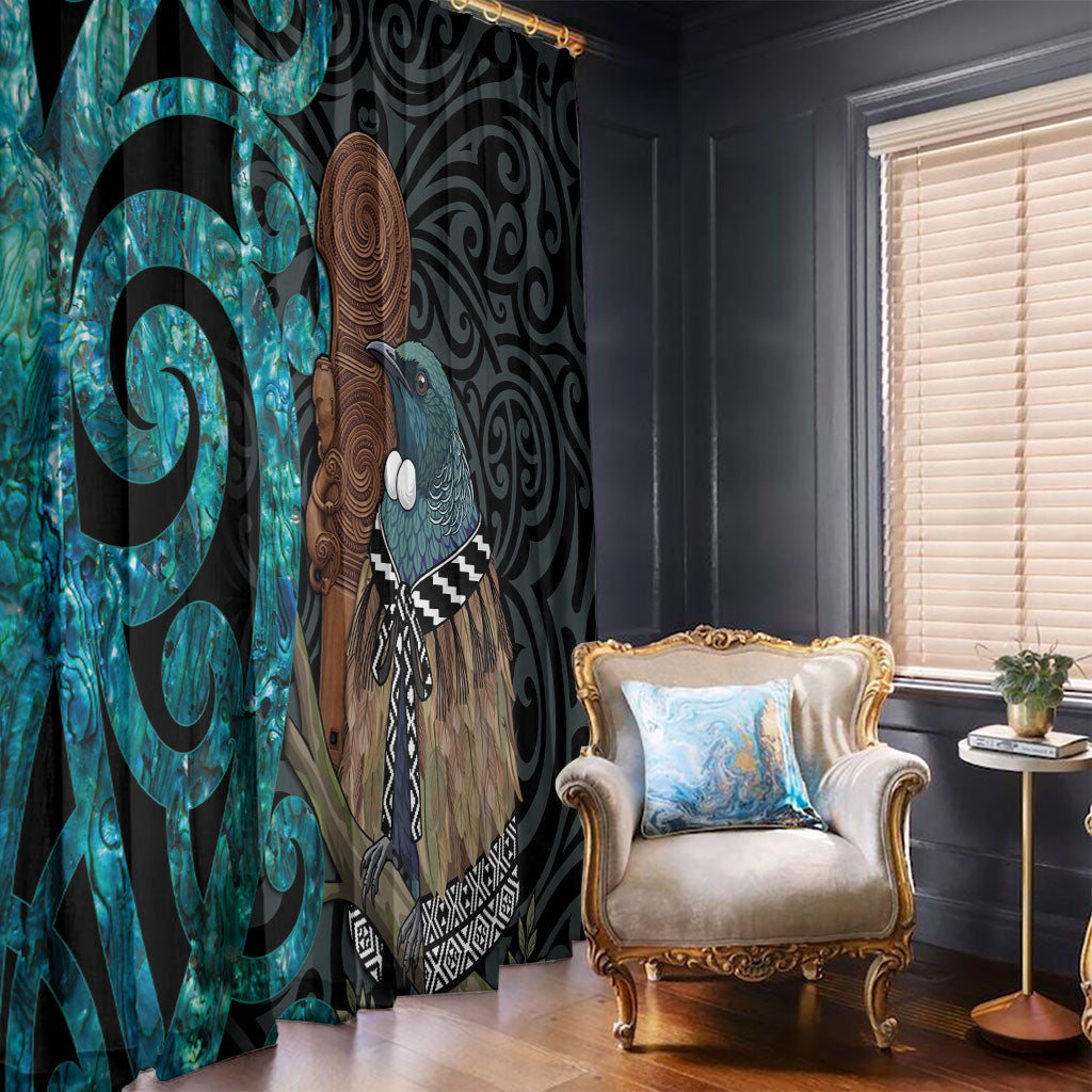 New Zealand Tui Bird Wahaika Window Curtain Maori Weapon Paua Shell Koru Pattern