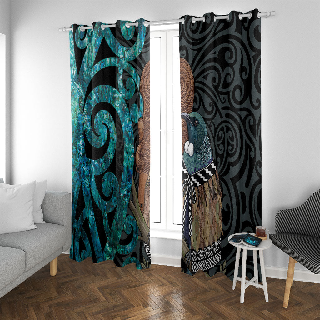 New Zealand Tui Bird Wahaika Window Curtain Maori Weapon Paua Shell Koru Pattern