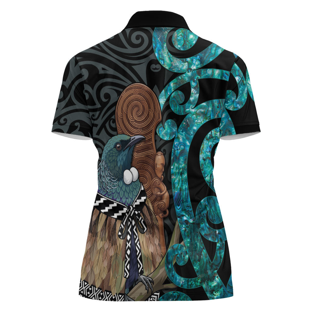New Zealand Tui Bird Wahaika Women Polo Shirt Maori Weapon Paua Shell Koru Pattern